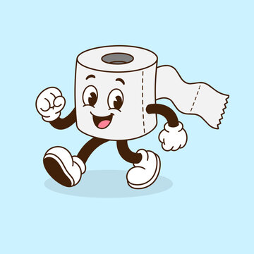 Cartoon Toilet Paper Roll Character Running with Happy Face and Arms Outstretched