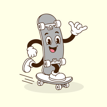Cartoon Skateboard Character Riding and Doing Shaka Sign on White Background