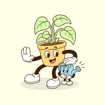 Happy Potted Plant Character with Watering Can Friend Giving Water