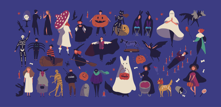 Halloween characters in costumes, vector illustrations set. Characters disguise in Halloween costumes, pumpkin, ghost, vampire, animal oufits. Party people, witch, mummy. Vector illustrations.