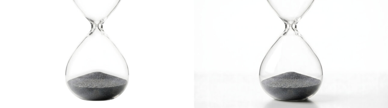 Glass hourglass with gray sand settled at the bottom represents time passing and countdown, PNG, Transparent and White Background Versions for concept design