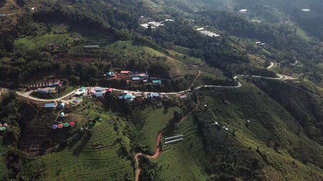 Aerial view of Pha Tang village the village at the foothill of Pha Tang mountain located in Wiang Kaen district of Chiang Rai province of Thailand. 
