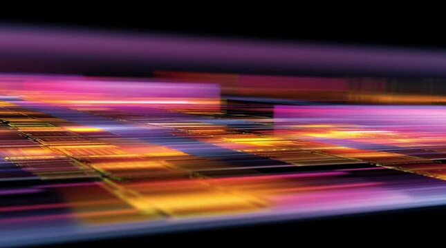Fast motion blur close up of silicon microchip wafer with glowing light streaks and neon trails during precision semiconductor manufacturing process (AI Generated)