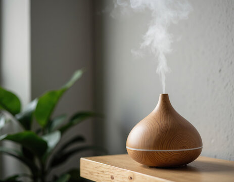 Wooden Ultrasonic Essential Oil Diffuser Emitting White Steam Mist on Shelf