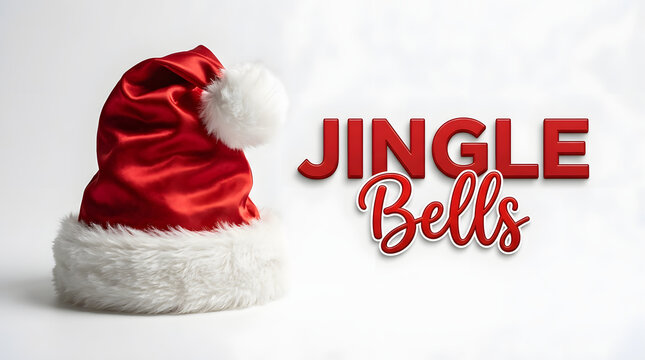 Red holiday hat with jingle bells text on plain background