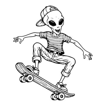 Alien Grey Character Riding a Skateboard wearing Cap Illustration. Fun Sci-Fi Street Culture Concept and Extraterrestrial Life in Vintage Hand Drawn Engraving Style
