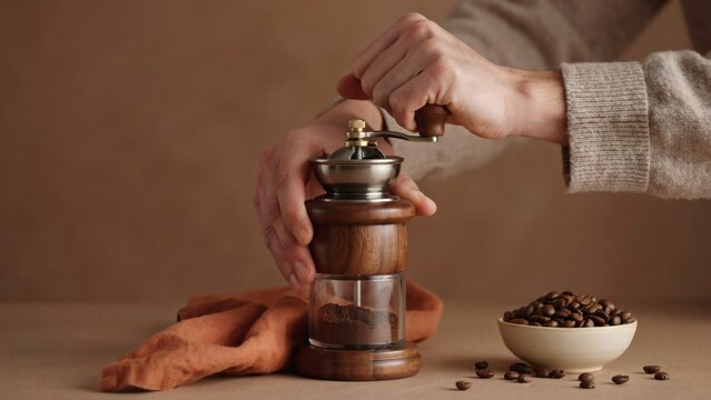 Person grinding roasted coffee beans using manual wooden coffee mill with hands operating manual grinder roasted beans nearby morning kitchen