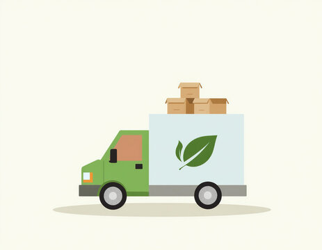 Green Eco Friendly Delivery Truck Carrying Cardboard Boxes Flat Vector Illustration