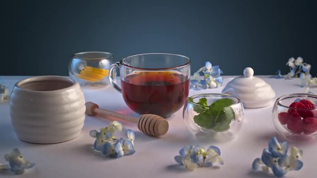 Aromatic hot tea cup served with honey mint and fresh berries on table
