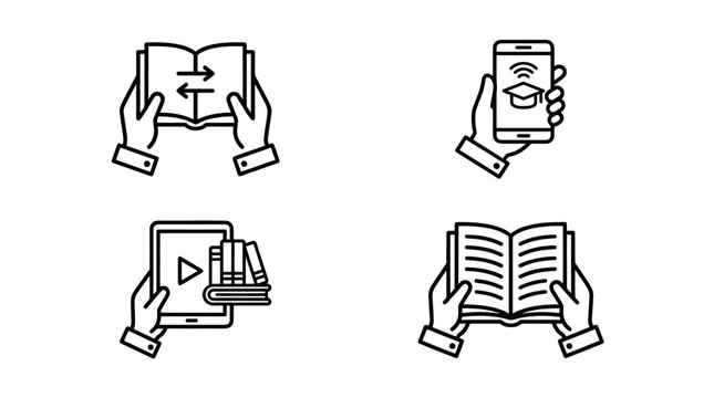 Digital e-learning and mobile reading line icon set.