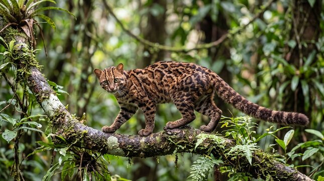 The highly camouflaged markings of the Pardofelis marmorata help it blend masterfully into the dense subtropical canopy foliage.