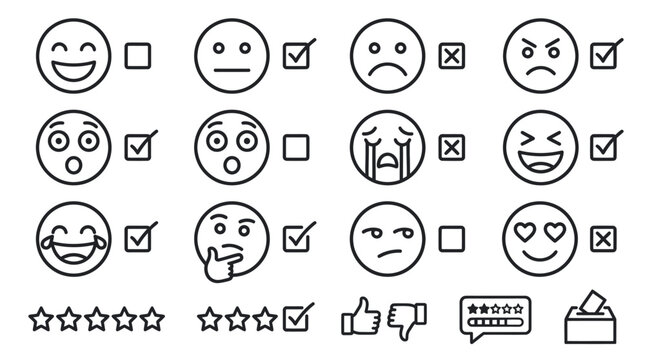 Feedback, rating, and customer satisfaction line icons.