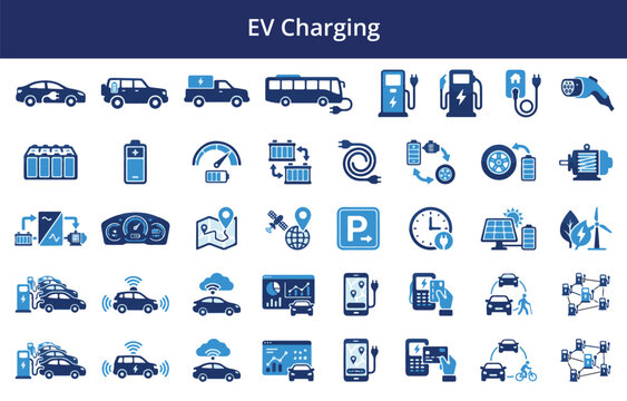 Electric vehicle ev charging station icon set displaying electric cars buses