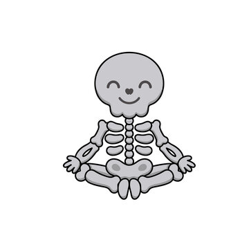 Skeleton illustration for cute halloween, featuring a smiling skull illustration in a lotus yoga pose. Artistic skeleton illustration art with cartoon bones on white background.