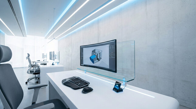 Modern office interior with 3D modeling software on computer screen, concrete wall, desk, office chair, blue lighting, technology and design