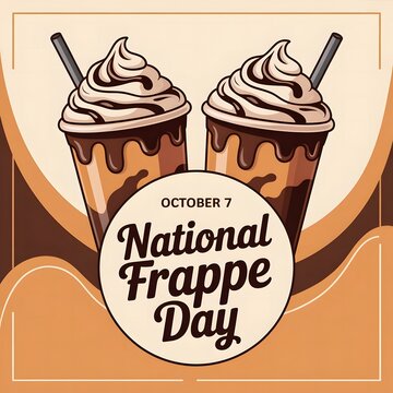 National Frappe Day October 7 Poster Featuring Two Delicious Whipped Cream Coffee Frappes, Vintage Brown Background, Elegant Typography, and Festive Beverage Illustration Design