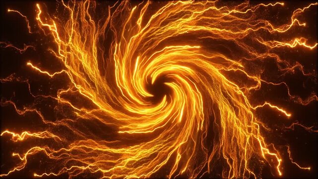 Dynamic abstract motion background featuring intense orange lightning bolts swirling into a glowing energy vortex against a dark background. Perfect for sci-fi, gaming, and action projects.