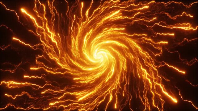 Dynamic abstract motion background featuring glowing orange lightning bolts swirling into an energetic spiral vortex against a dark background. Perfect for sci-fi, gaming, and action projects.