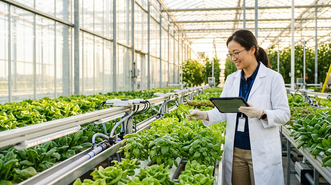 Female agricultural scientist in modern greenhouse. Sustainable agriculture, agritech and smart farming concept.