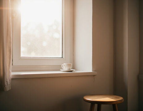 Cozy White Coffee Cup Resting on Window Sill with Soft Morning Sunlight and Sun Flare