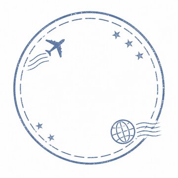 飛行機と地球儀、星がデザインされた旅のコンセプトのスタンプ風円形フレーム