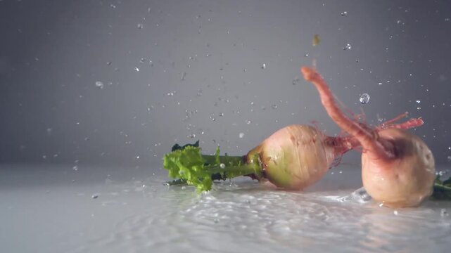 Fresh organic turnips dropping into clear water with splashes in slow motion