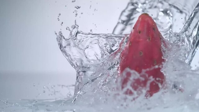 Fresh Pink Prickly Pear Fruit Splashing into Crystal Clean Water Slow Motion