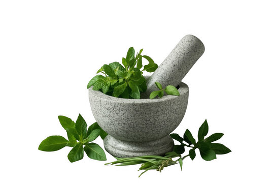 Stone mortar and pestle preparing fresh green herbs