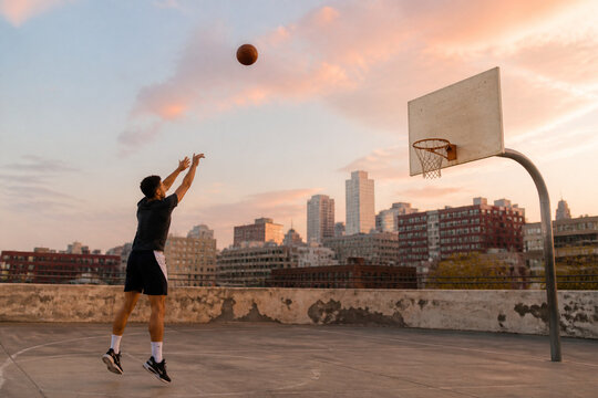 A focused basketball player shoots a ball toward the hoop on a rooftop court at sunset, with an urban skyline in the background. A moment of training and ambition.
