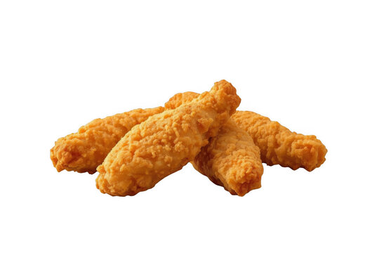 Golden crispy breaded chicken tenders on transparent background