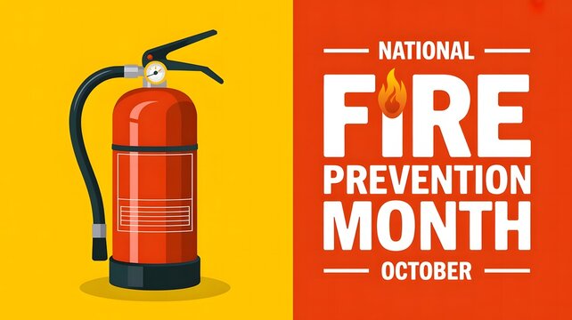 National Fire Prevention Month October safety poster featuring realistic extinguisher artwork, vibrant orange and red colors, clean typography, fire prevention awareness, household safety, and prepare