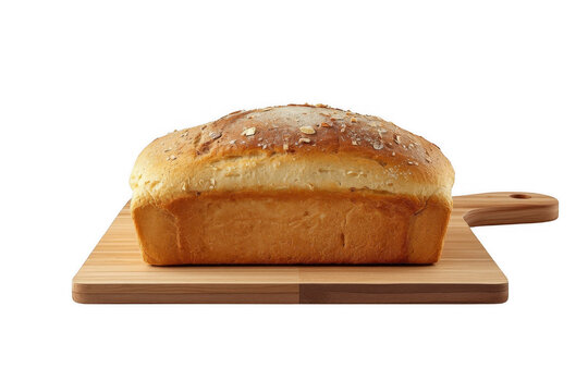 Freshly baked bread loaf on a cutting board, transparent background