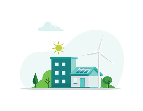 Eco Friendly Sustainable House and Building Vector Illustration with Solar Panels and Wind Turbine