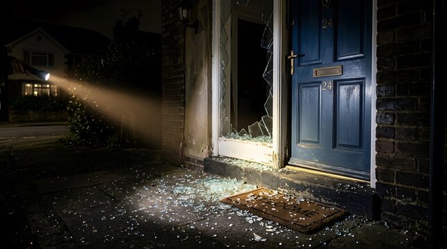 A broken glass pane on a residential front door illuminated by a flashlight at night.