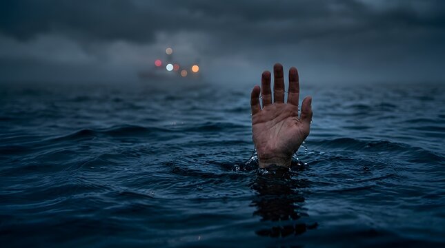A hand reaching out from the dark ocean water during a storm.