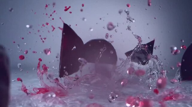Fresh sliced purple beetroot falling into clear water with splashes slow motion