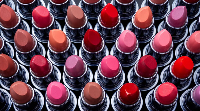 Rows of colorful lipstick bullets standing upright, showcasing a rainbow of shades.