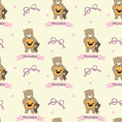 Fototapeta premium Halloween Mama and Baby Bear Seamless Pattern with Pumpkin, Bow and Loving Family Bond