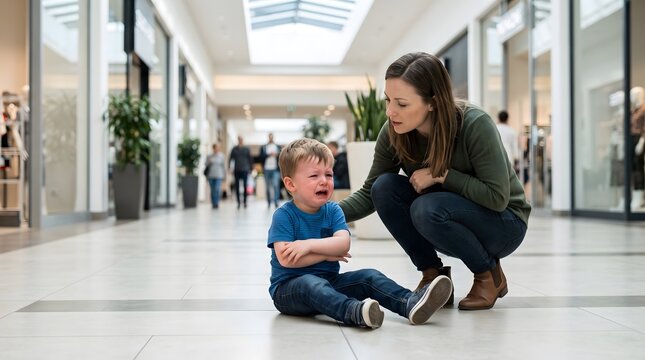 Mother comforting crying toddler boy having a tantrum in a shopping mall hallway
