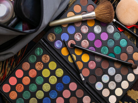 An overhead view of colorful eyeshadow palettes with makeup brushes and cosmetic pouches.