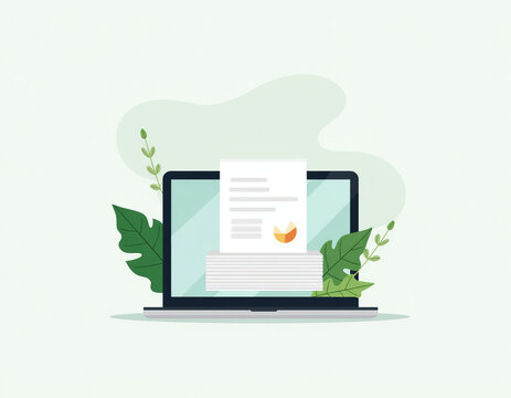 Paperless Office Concept Vector Illustration with Digital Documents Stack on Laptop Screen