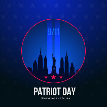 City skyline silhouette highlighted by beams of light, symbolizing resilience and remembrance. Stars frame scene, embodying unity and tribute on Patriot Day.
