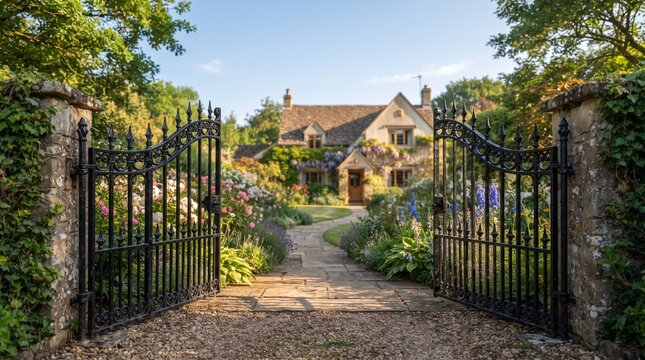 Open wrought iron gate leading to a charming stone cottage in a lush blooming garden