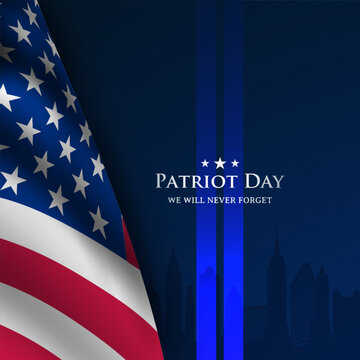 Patriot Day tribute features an American flag alongside Twin Towers silhouette, symbolizing remembrance and unity. Dark blue backdrop enhances solemnity.