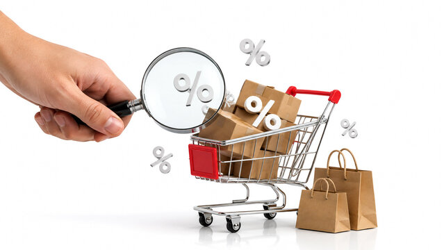 Hand holding magnifying glass searching discounts on shopping cart filled with box packages and bags isolated on white background.