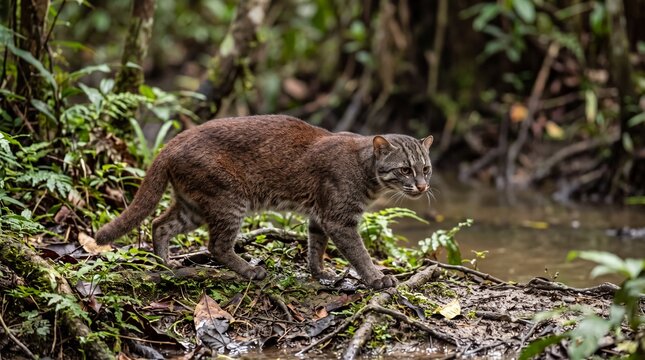 A rare wild flat-headed cat walks cautiously along a muddy riverbank, its long body and short legs adapted for a semi-aquatic lifestyle.