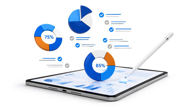 Digital financial data analysis on tablet computer with pie charts percentage icons and stylus pen isolated on white background.