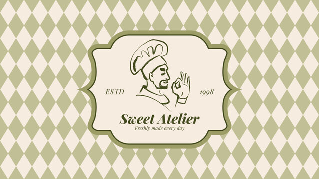 Vintage confectionery bakery label frame. Hand drawn pastry, rustic background. Branding, menu, flyer, packaging, recipe boo, kcafe design. Vector illustration template poster.