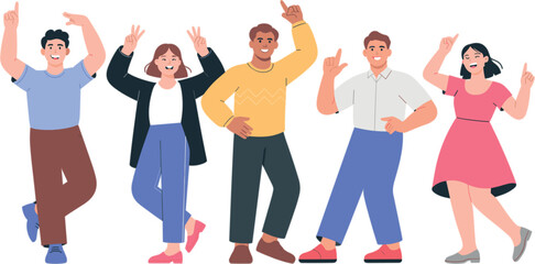 Obraz premium Diverse Group of Happy Friends Dancing and Celebrating Together with Upraised Hands Vector Illustration Isolated on White Background for Party and Corporate Event Designs