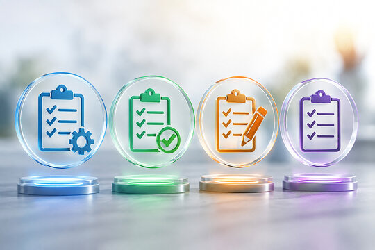 Colorful glass icons displaying checklist and task management process concept.